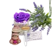Kép 1/3 - Illatos szappanrózsa fém tricikliben lila illatmanóval (választható rózsa és táblácska)