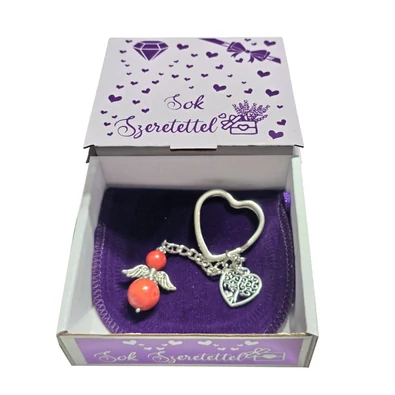 Jáspis angyal kulcstartó, szív karikával, életfa medállal