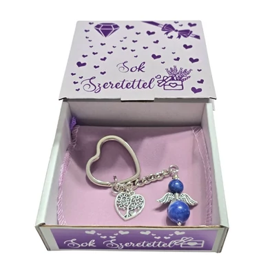 Szodalit angyal kulcstartó, szív karikával, életfa medállal