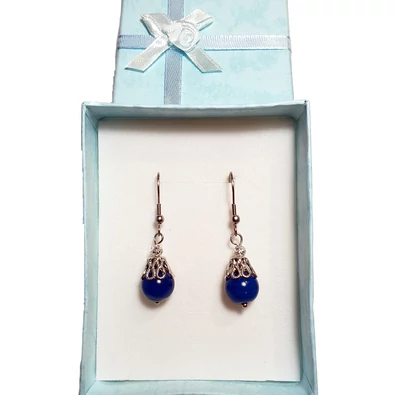 Kék achát lógós fülbevaló kosárka foglalatban