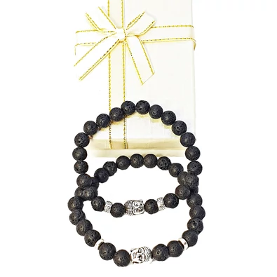 Apa - Fia ásvány karkötő pár - Lávakőből Buddha dísszel és fém köztessel