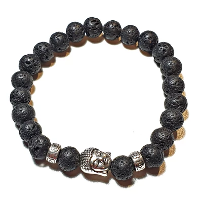 Férfi karkötő Lávakő ásványból Buddha dísszel és fém köztessel