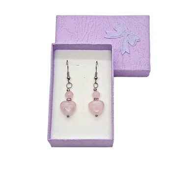 Rózsakvarc szív emeletes strasszos lógós fülbevaló