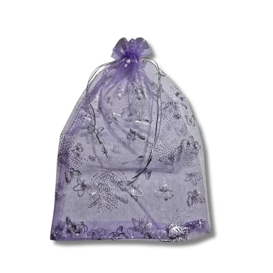 Lila organza szütyő, lepkés