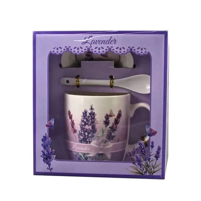 Levendulás teázó készlet, bögrével, teafilter tartóval és kiskanállal
