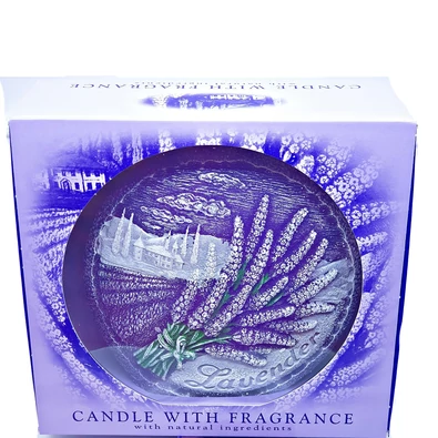 Levendulás kézzel festett díszgyertya/ formagyertya díszdobozban