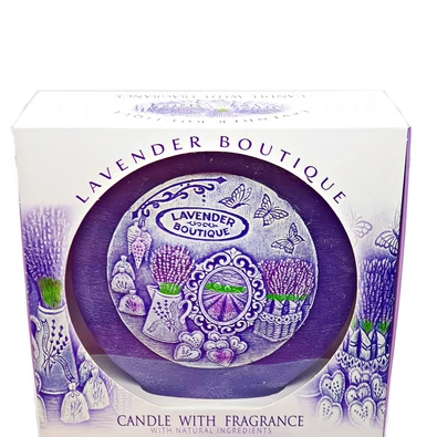 Levendulás kézzel festett díszgyertya/ formagyertya díszdobozban