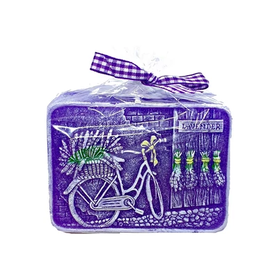 Kézzel festett levendulás dekorgyertya/ formagyertya díszcsomagolásban