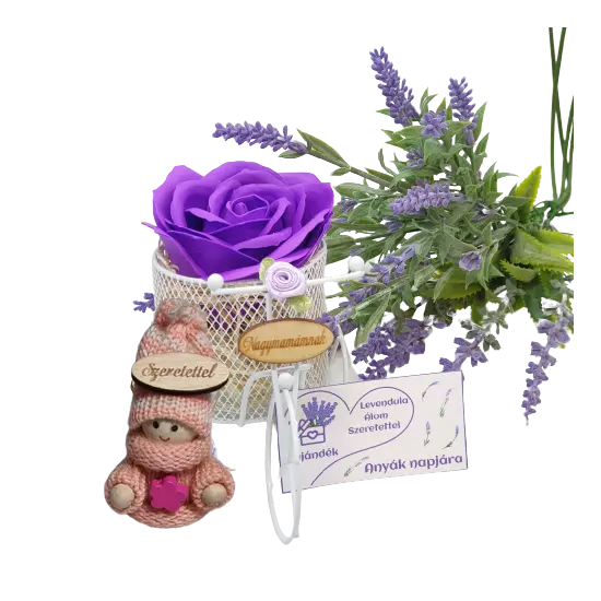 Illatos szappanrózsa fém tricikliben lila illatmanóval (választható rózsa és táblácska)